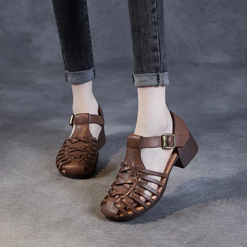 Women Retro Plaited Leather Summer Low Block Sandals online