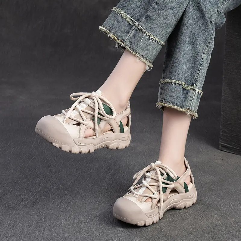 Women Summer Hollow Leather Soft Lace-up Sandals online